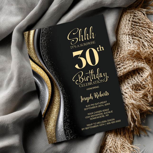 Invitación Black Gold Surprise 30th Birthday Party (Subido por el creador)