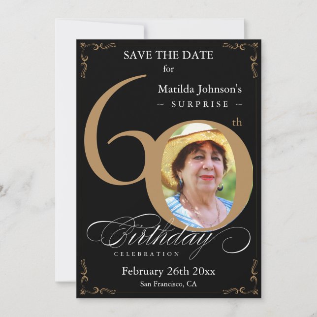 Invitación Black Gold Surprise 60th Birthday Save The Date (Anverso)
