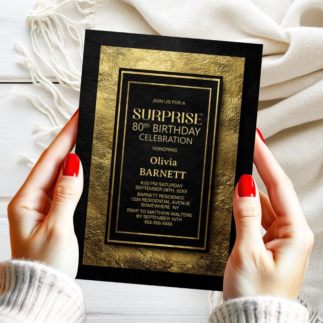 Invitación Black Gold Surprise 80th Birthday Party (Subido por el creador)