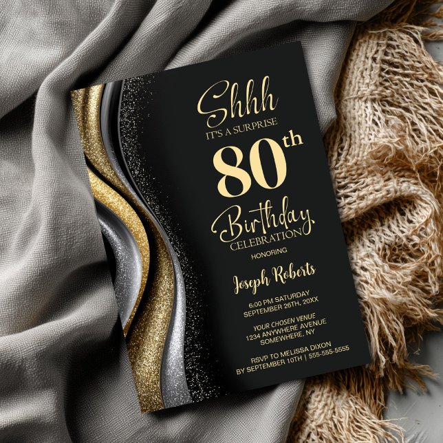 Invitación Black Gold Surprise 80th Birthday Party (Subido por el creador)