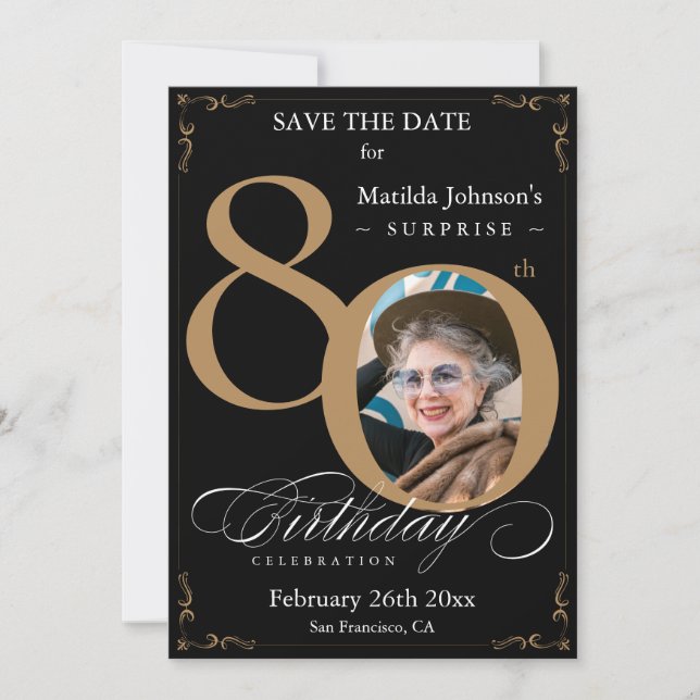 Invitación Black Gold Surprise 80th Birthday Save The Date (Anverso)