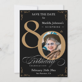 Invitación Black Gold Surprise 80th Birthday Save The Date