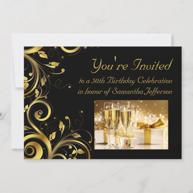Invitación Black & Gold Swirl 5x7 Personalizado 50º cumpleaño (Anverso)