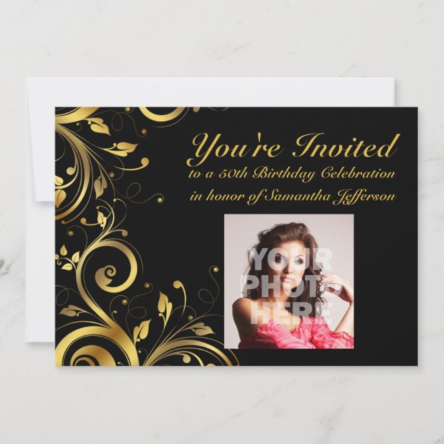 Invitación Black+Gold Swirl, Personalizado Foto 50 cumpleaños (Anverso)