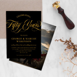 Invitación Black Gold Swirly Script 50th Wedding Anniversary