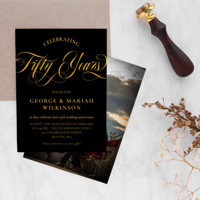 Invitación Black Gold Swirly Script 50th Wedding Anniversary (Subido por el creador)
