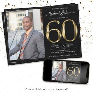 Invitación Black Gold Text Classy Photo 60th Birthday Party