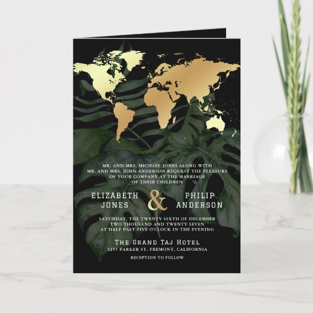 Invitación Black Gold Tropical Destination World Map Wedding (Anverso)