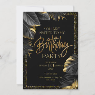 Invitación Black Gold Tropical Leaf Fiesta feliz cumpleaños