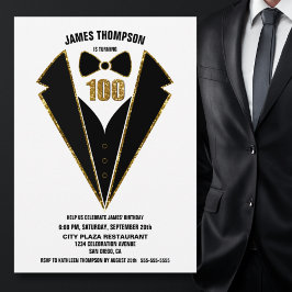 Invitación Black Gold Tuxedo 100th Birthday Party