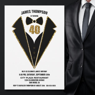 Invitación Black Gold Tuxedo 40th Birthday Party