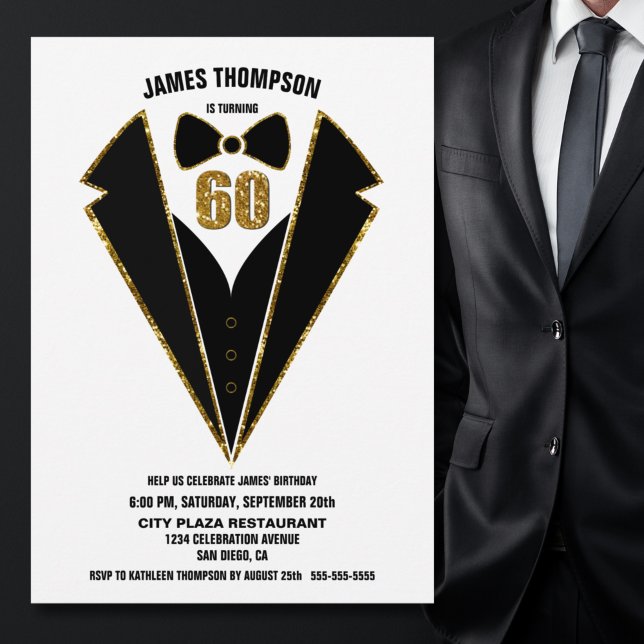 Invitación Black Gold Tuxedo 60th Birthday Party (Subido por el creador)