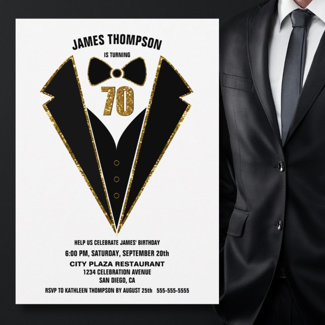 Invitación Black Gold Tuxedo 70th Birthday Party (Subido por el creador)