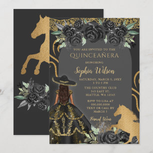 Invitación Black Gold Western Horse Floral Charra Quinceañera