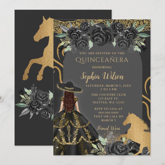 Invitación Black Gold Western Horse Floral Charra Quinceañera (Anverso / Reverso)