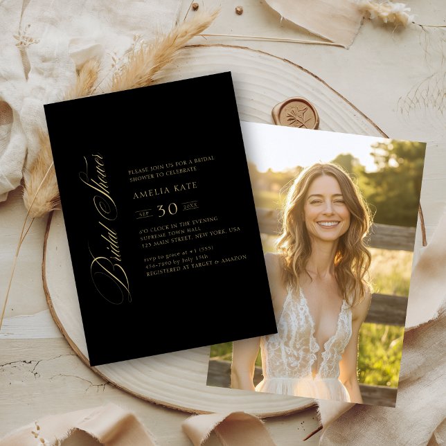 Invitación Black & Gold Whimsy Script Brillante Shower Photo (Subido por el creador)