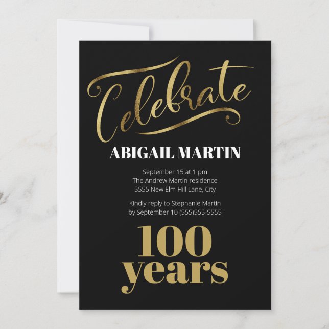Invitación Black Gold White 100th Birthday Party (Anverso)