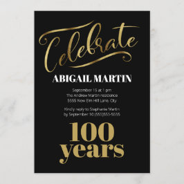 Invitación Black Gold White 100th Birthday Party