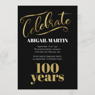 Invitación Black Gold White 100th Birthday Party