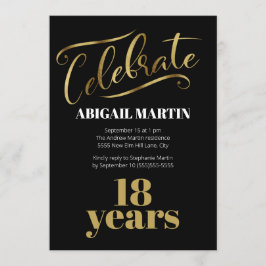 Invitación Black Gold White 18th Birthday Party
