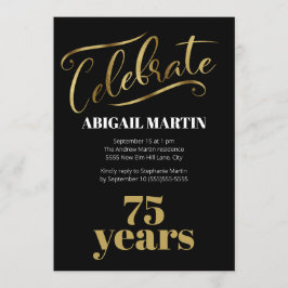 Invitación Black Gold White 75th Birthday Party