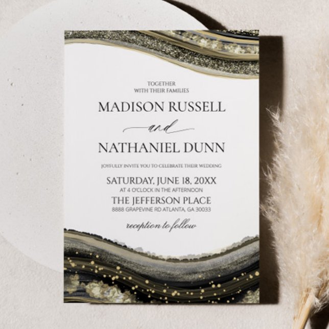 Invitación Black Gold White Agate Elegant Wedding (Subido por el creador)