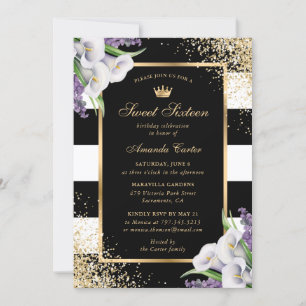 Invitación Black Gold White Calla Lily Sweet 16 cumpleaños