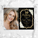 Invitación Black Gold White Photo 50th Birthday<br><div class="desc">Elegante invitación floral de 50 años con tu foto. Diseño blanco y negro de cristal con oro falso purpurina. Cuenta con rosas blancas, fuente de guión y confeti. Perfecto para un elegante fiesta de celebración de cumpleaños. Personaliza con tus propios detalles. ¡Se puede personalizar para cualquier edad! Invitaciones Zazzle impresas...</div>