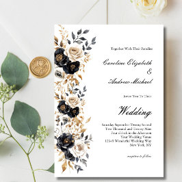 Invitación Black Gold White Watercolor Floral Elegant Wedding
