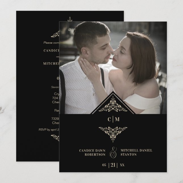 Invitación Black Golden Chic Lace Romantic Couple Wedding (Anverso / Reverso)