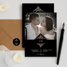 Invitación Black Golden Chic Lace Romantic Couple Wedding