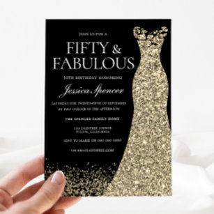 Invitación Black Golden Dress Mujeres 50 cumpleaños