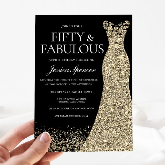 Invitación Black Golden Dress Mujeres 50 cumpleaños (Subido por el creador)