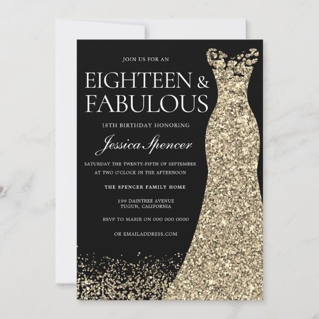 Invitación Black Golden Dress Womans 18th Birthday Party (Anverso)