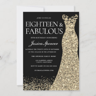 Invitación Black Golden Dress Womans 18th Birthday Party