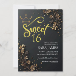Invitación Black Golden Floral Sweet 16 Birthday