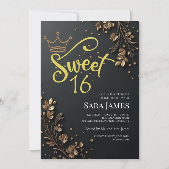 Invitación Black Golden Floral Sweet 16 Birthday (Anverso)