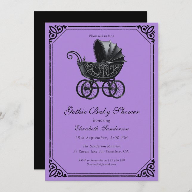 Invitación Black Gothic Stroller Baby Shower  (Anverso / Reverso)