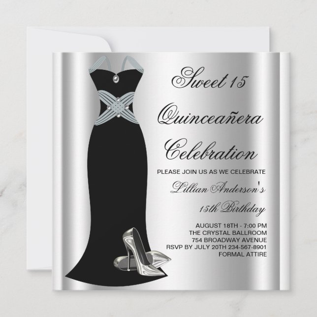 Invitación Black Gown High Heel Shoes Sweet 15 Quinceanera (Anverso)