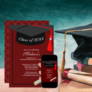 Invitación Black Grad Cap Diploma Simple Graduation Party Red