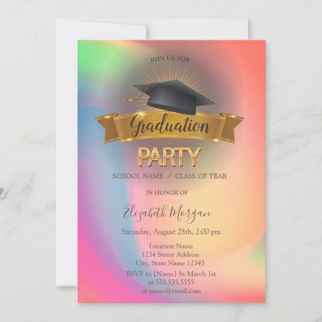 Invitación Black Grad Cap Rainbow Colorful Graduation Party (Anverso)