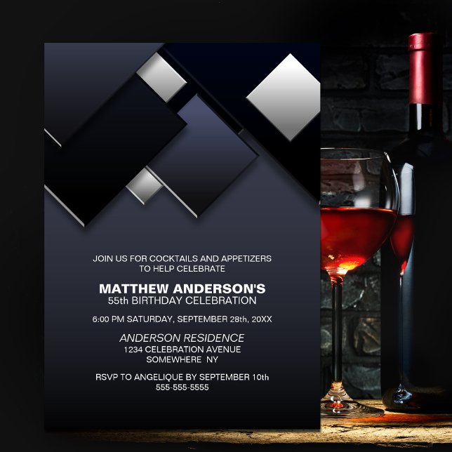 Invitación Black Gray 55th Cocktail Birthday Party (Subido por el creador)