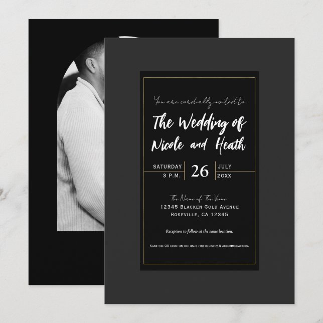Invitación Black Gray Gold Modern Minimal Elegant Wedding (Anverso / Reverso)