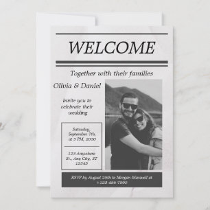 Invitación Black Gray Simple Vintage Boda de periódico Invita