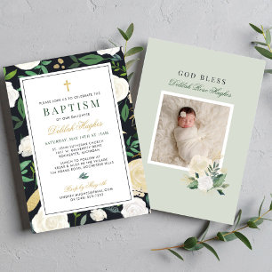 Invitación Black Green and Gold Floral Baptism Baby Girl