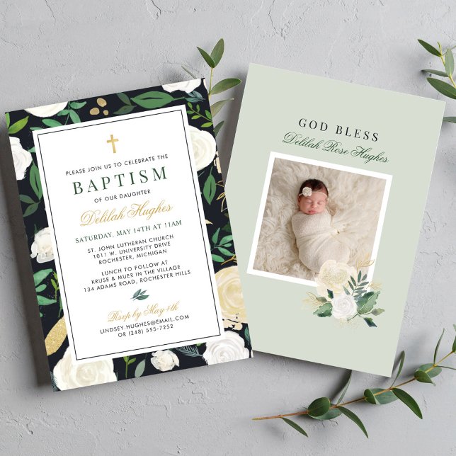 Invitación Black Green and Gold Floral Baptism Baby Girl (Subido por el creador)