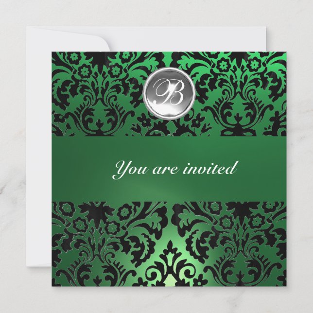 Invitación BLACK & GREEN DAMASK GEM STONE MONOGRAM hielo blan (Anverso)