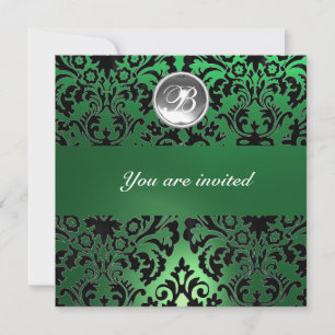 Invitación BLACK & GREEN DAMASK GEM STONE MONOGRAM hielo blan
