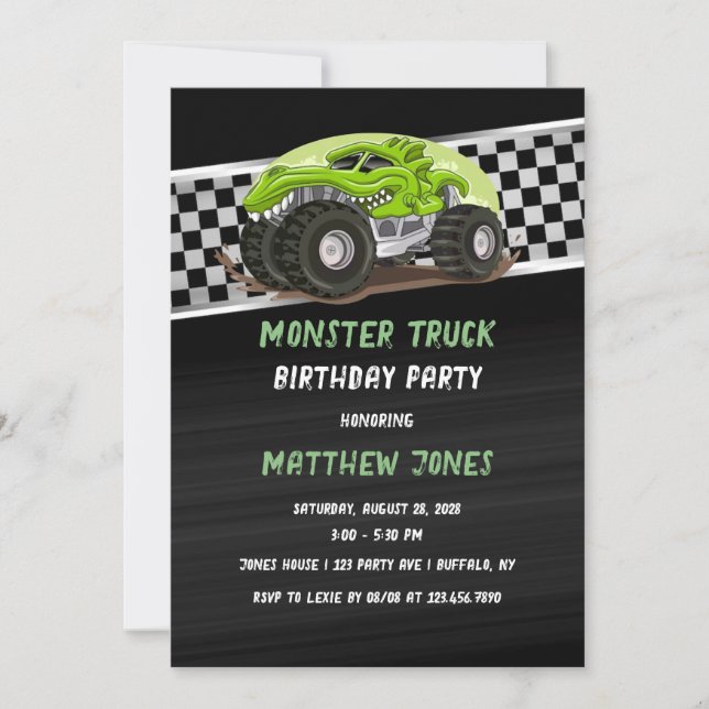 Invitación Black Green Gator Monster Truck Birthday Party Inv (Anverso)