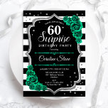 Invitación Black Green Silver Sorpresa 60 cumpleaños<br><div class="desc">Sorpresa 60.ª Invitación a la fiesta de cumpleaños. Diseño femenino negro, blanco y verde esmeralda con una falsa plata purpurina. Presenta rayas en blanco y negro, rosas, letra de guión y confeti. Perfecto para una elegante celebración del cumpleaños de las mujeres. Se puede personalizar para mostrar cualquier edad. Invitaciones Zazzle...</div>